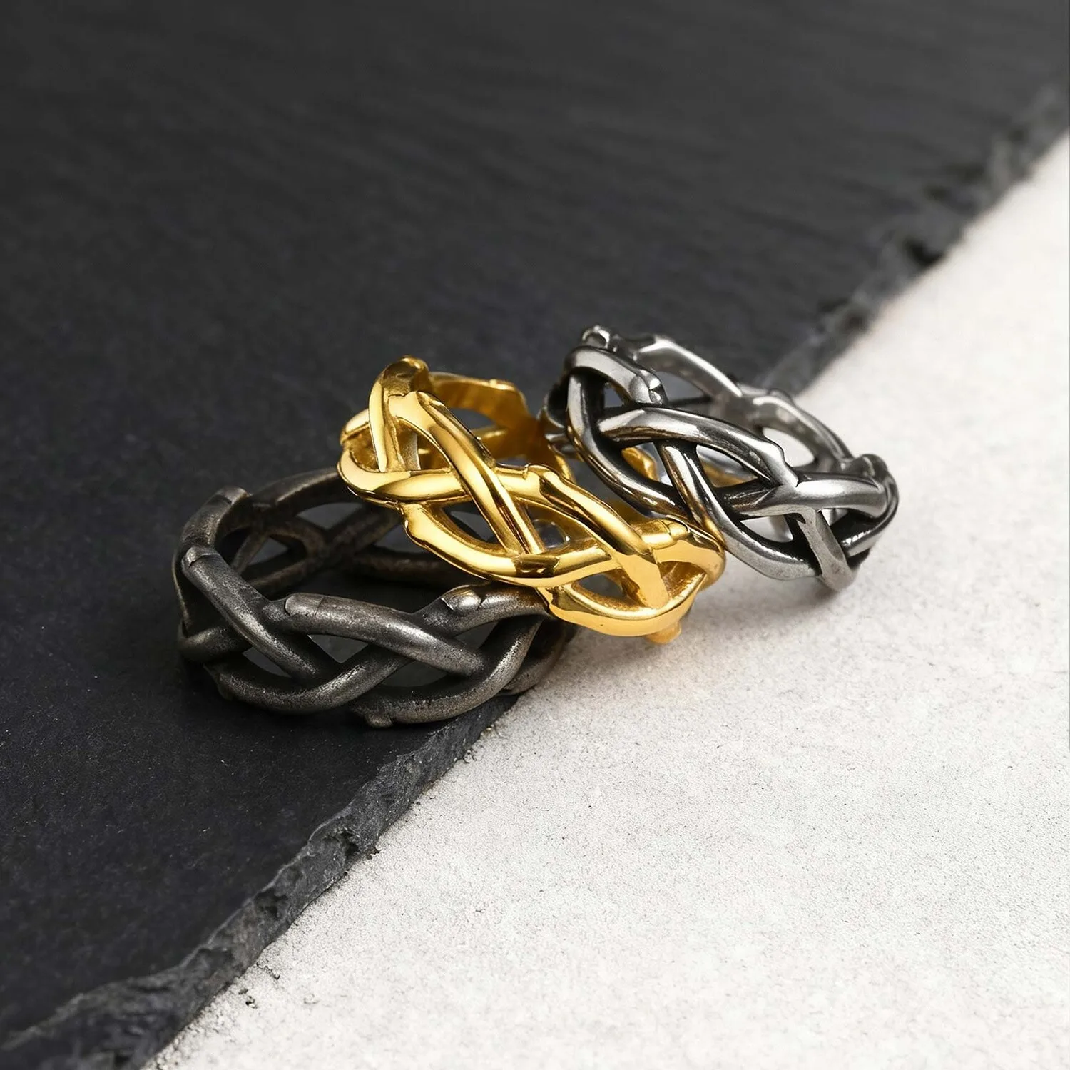 Retro Thorn Crown Ring für Männer, Edelstahl Punk Tree Vine Branch Ehering Ring, US-Größe 7-12