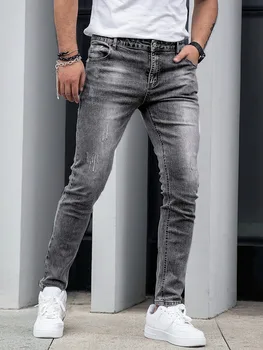 1 pezzo di jeans alla moda lavati con fiocchi di neve quattro stagioni da uomo, pantaloni in denim casual elasticizzati slim fit grigio chiaro nero scuro, Normcore e alla moda, adatti per l'uso quotidiano 1