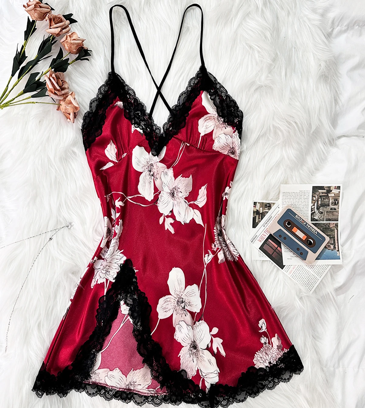 New Sexy Satin Silk Nightgown V-neck Satin Silk Floral Print Dress Pajamas Women's Pajamas Sexy Loungewear