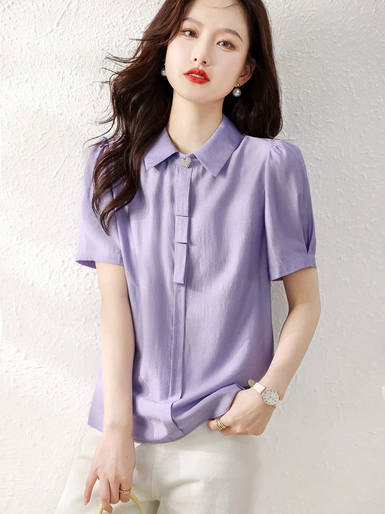 

BETHQUENOY Poleras Mujer Camisetas Purple T Shirt Women Short Sleeve Top Lapel Collar Casual Tee Shirt Femme Summer Clothes 2023