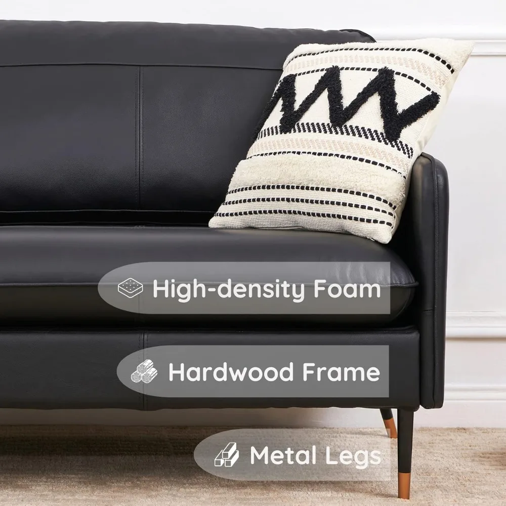 67" Top-Grain Leather Sofa, 2 Seater Loveseat Couch, Mid-Century Modern Leather Couch for Living Room Bedroom Apartment Office