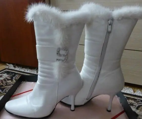 

Lady vintage style fur PU calf boots causal runway white boots low heel rhinestone glitter design zip boots size 35-46 footwear