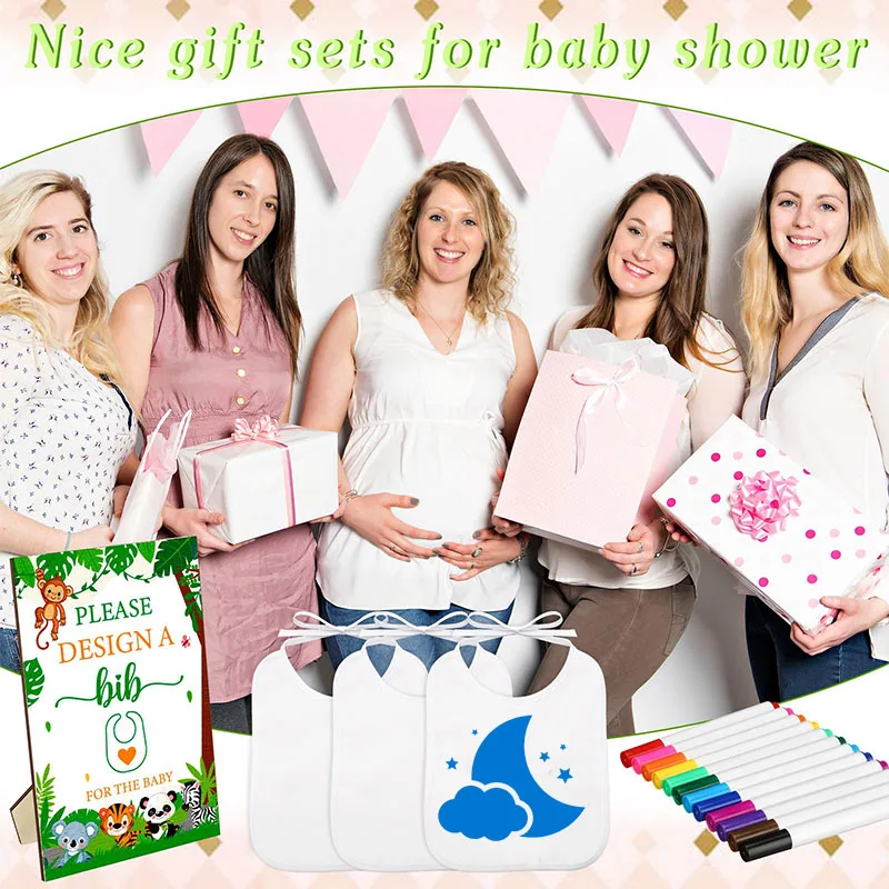 10-60 Sets Baby Shower Game Decorating Gift Baby Bibs Feeding Drooling White Bib Infant Saliva Towel Fabric Marker Stencils 3