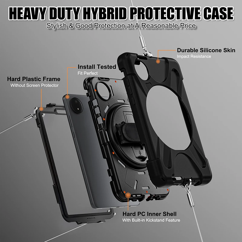 Durable 360° Rotating Tablet Case with Kickstand & Shoulder Strap