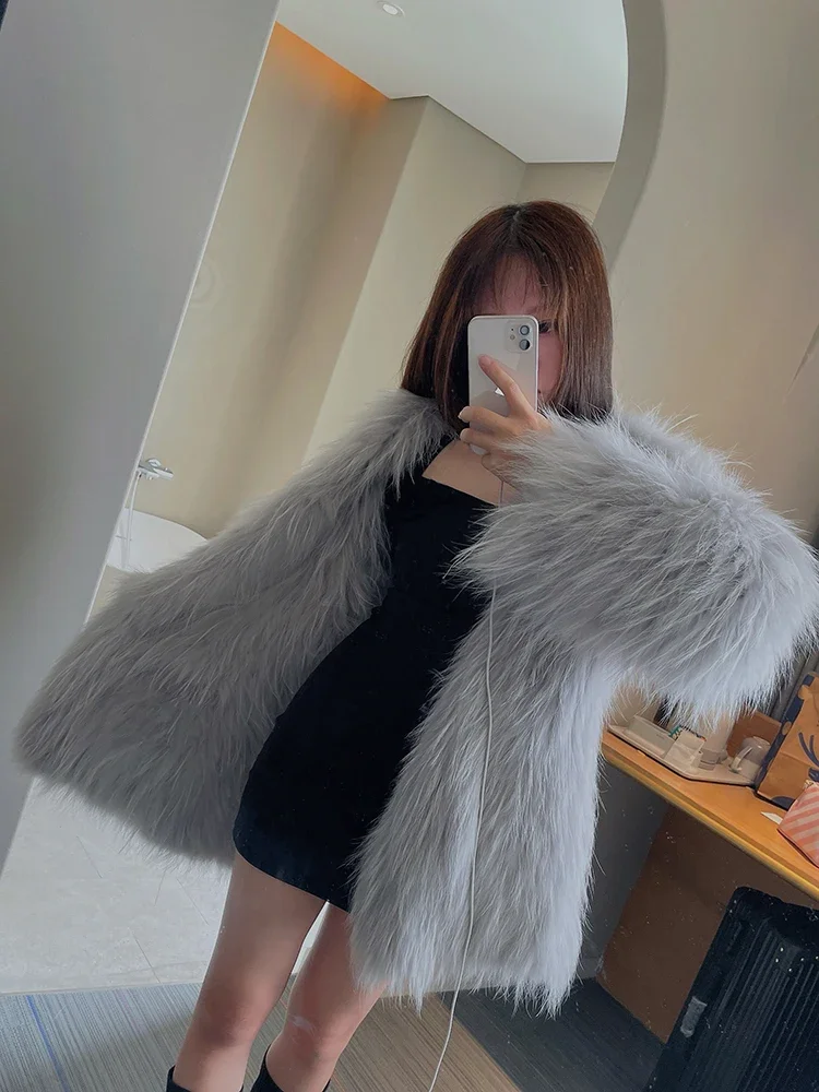 Raccoon Dog Fox Fur Double-sided Woven Real Fur Coat for Young Women Medium Length Fashion Jackets High Street Short Cardigan