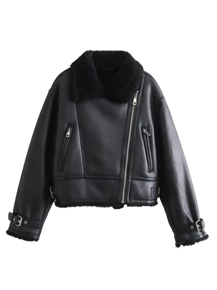 

TRAF 2023 Winter Women's Fashion Long Sleeve Jacket Coat New Female Thick and Warm Faux Leather Solid JacketStreetwear