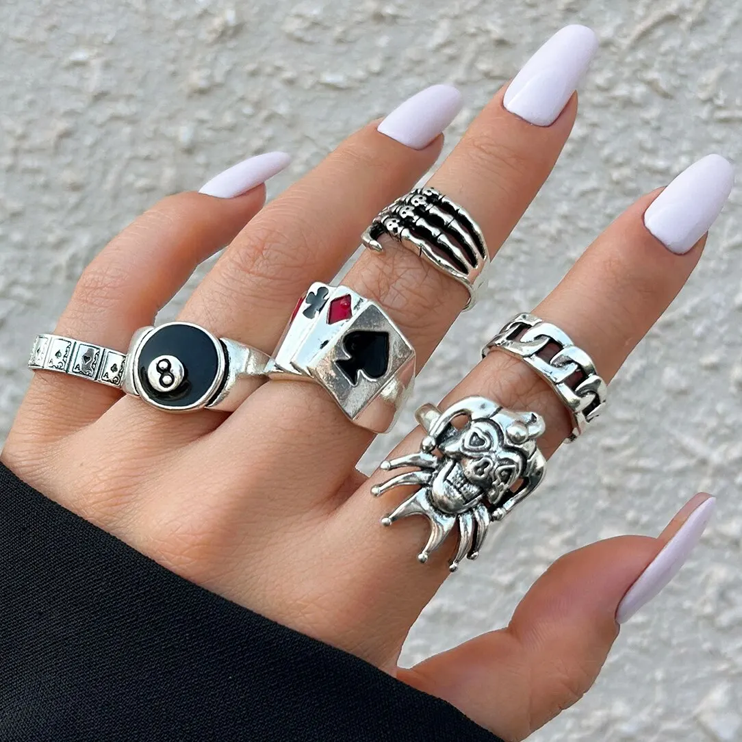 Punk Rings Hip Hop Vintage Skull Ghost Claw Poker Clown Ring Set for Women Hollow Geometric Size 8 Jewelry Steampunk Men