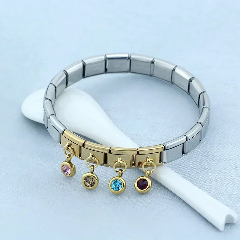 Hapiship Gold 12 Month Birthday Colour Dazzling CZ Links Charm Fit 9mm Bracelet Stainless Steel Jewelry Making DJ475 charm bracelet