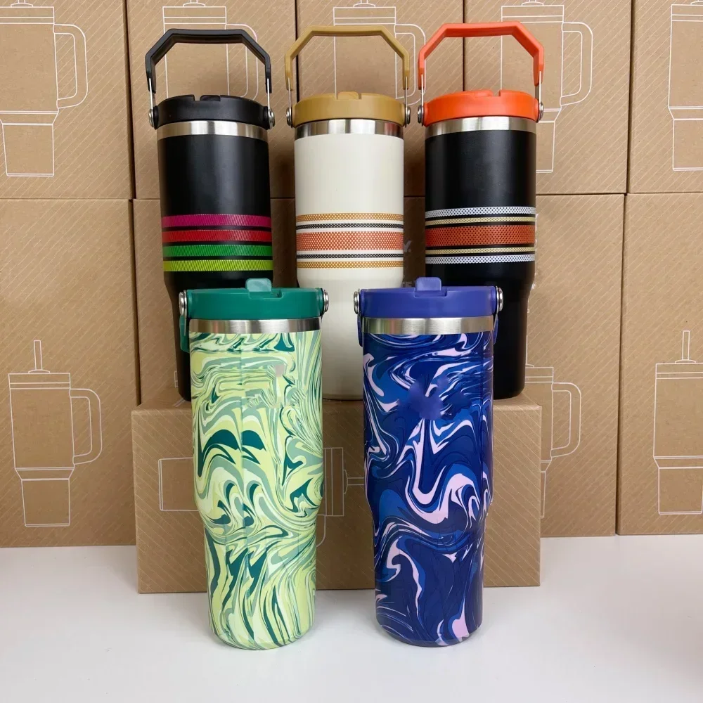 SL 손잡이가 달린 레오파드 텀블러, 빨대 뚜껑이 달린 30oz 텀블러, 스테인레스 스틸 커피 테모스 컵, 자동차 머그잔, 진공 컵, 2024 신제품 