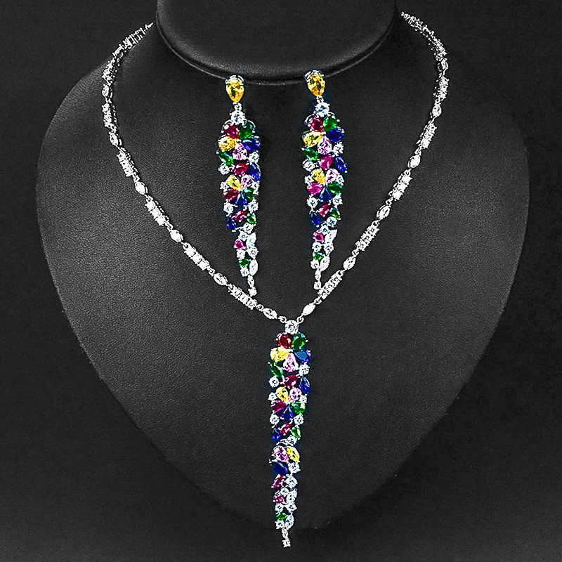 

Luxury Multicolor Cubic Zirconia Jewelry Sets for Women Fashion Brilliant Necklace Bride Wedding Anniversary Dress Jewelry Gift