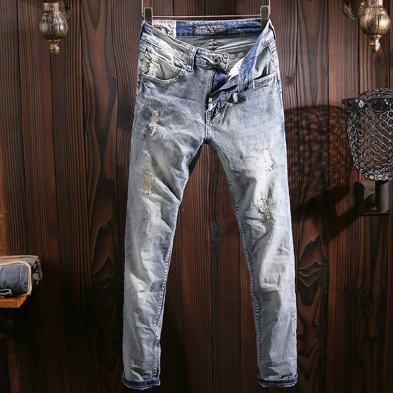 Italian Style Fashion Men Jeans Retro Blue Elastic Slim Fit Ripped Jeans Men Vintage Trousers Casual Designer Denim Pants Hombre