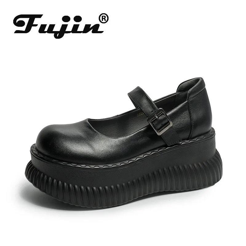 

Женские туфли на танкетке Fujin, черные туфли из натуральной кожи на танкетке высотой 7 см, с круглым носком, на ремешке с пряжкой, для весны и осени, 2019