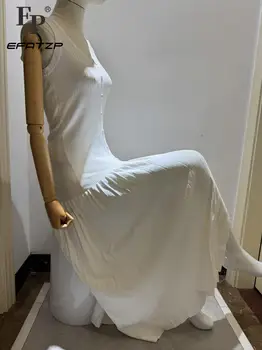 White Sexy Deep V-Neck Knitted Tank Long Dress Women 2025 Summer New Elegant Single-Breasted Splicing Pleated Dress 5250187