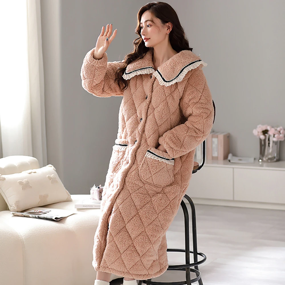 2023 New College Style Winter Super Thicken Flannel Night Dress Women Sleepwear for Sleeping Shower Robe Women's Plaid Bathrobe