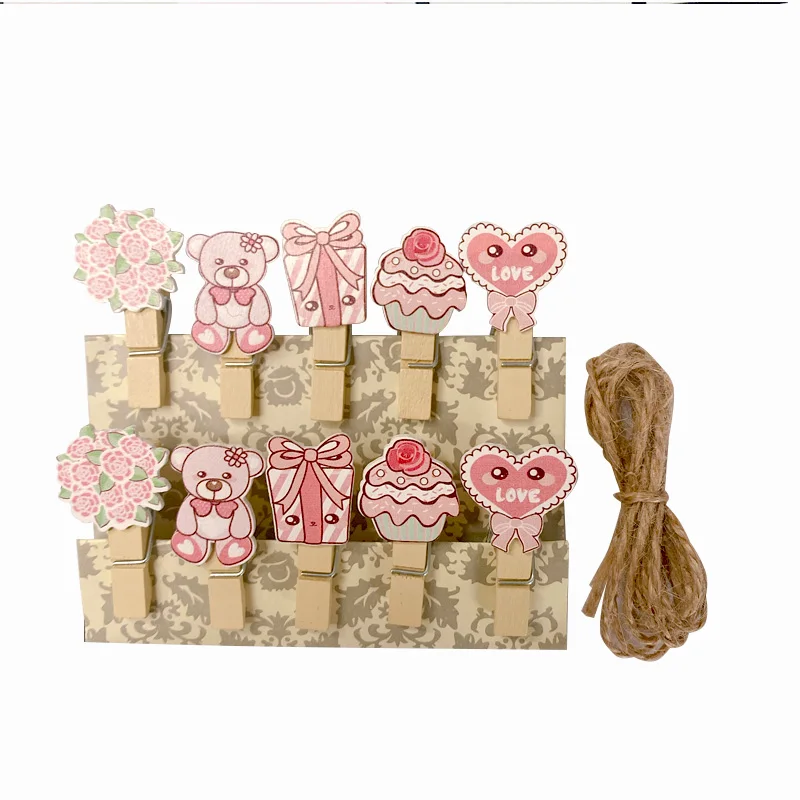 

10pcs/lot Romantic Pink Bear Mini Natural Cherry Wood Clip Set Wooden Paper Clips Small Craft Photo Pegs Stationery