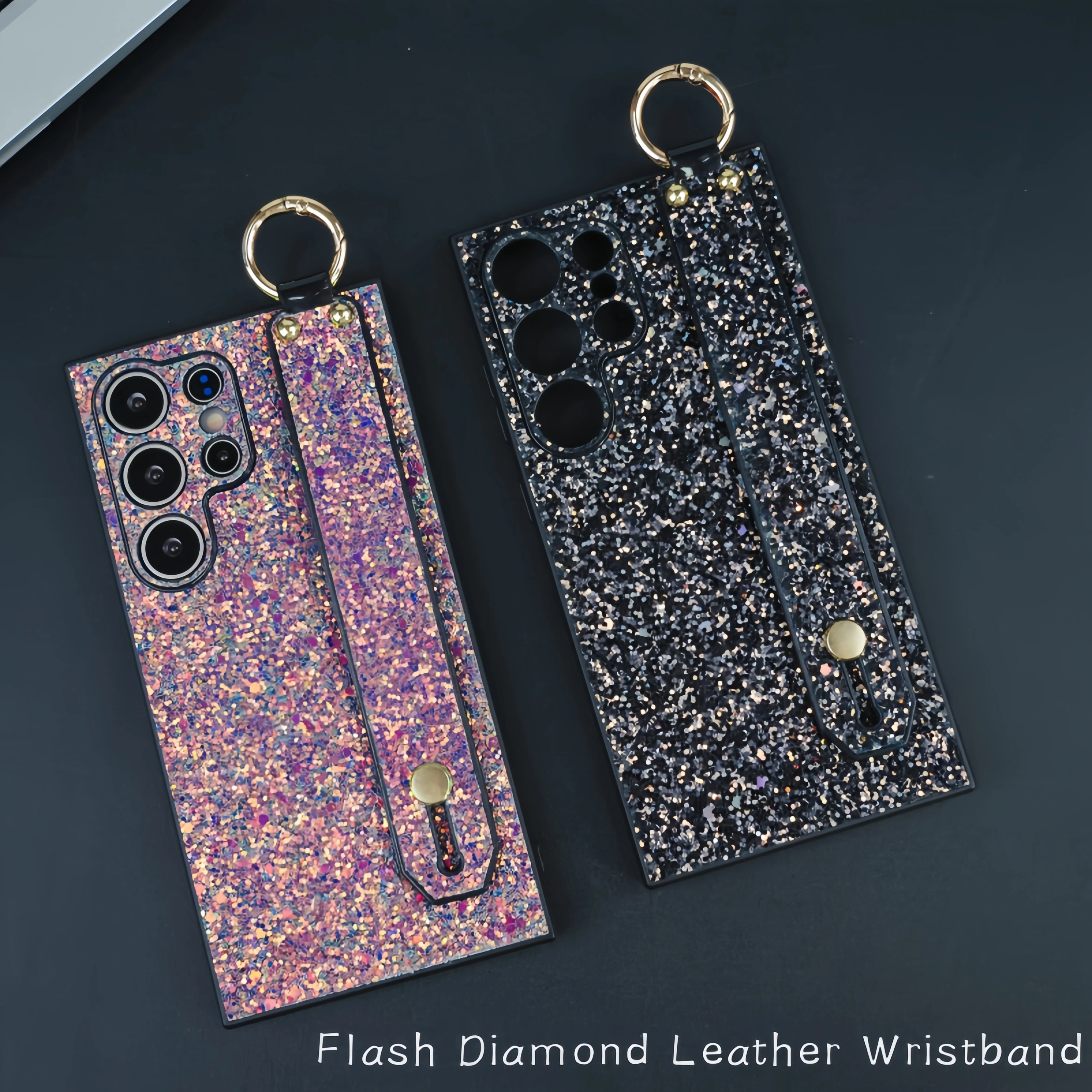 Wrist Strap Bracket Bling Glitter Shockproof Phone Case with Camera Protection