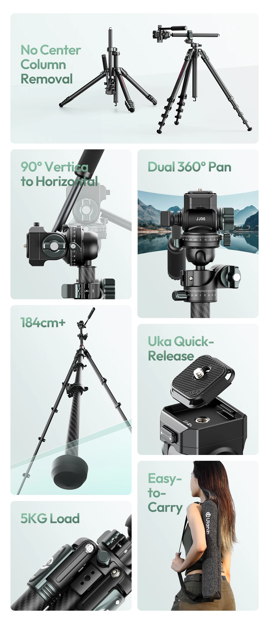 Ulanzi JJ06 1,87 m GlideGo Video Professionelles Kamerastativ mit 360° ° Pan Panoramic Ball Head Dual-Section Center Column Load 5KG – Detail 2