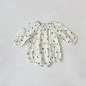 2025 Summer New Baby Girl Blue Heart Print Bodysuit Newborn Cotton Long Sleeve Jumpsuit For Infant Girl Clothes 0-24M