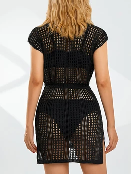 Women Bikini Cover Short Sleeve Solid Color Cutout Beach Swimwear Summer Pool Smock Dress 2