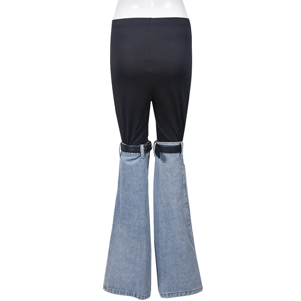 Patchwork Jeans Flare Pants 2023 Fall Winter Women Fashion Elasti High Waist Button Fly Belt Boot Cut Trousers Street Bottoms