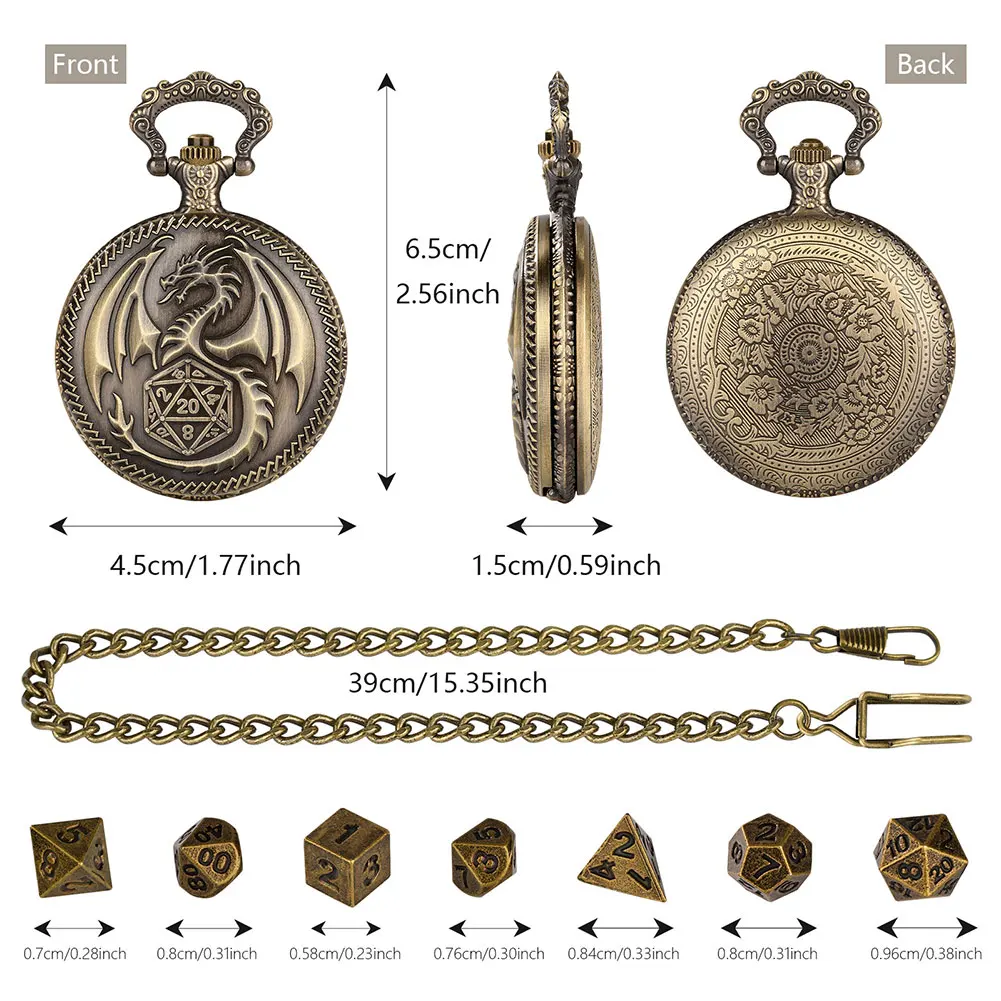 Mini DND Dice Set Small Metal Polyhedral Dice with Dragon Pocket Watch Shell Case Metal Set for Dungeons and Dragons Gifts