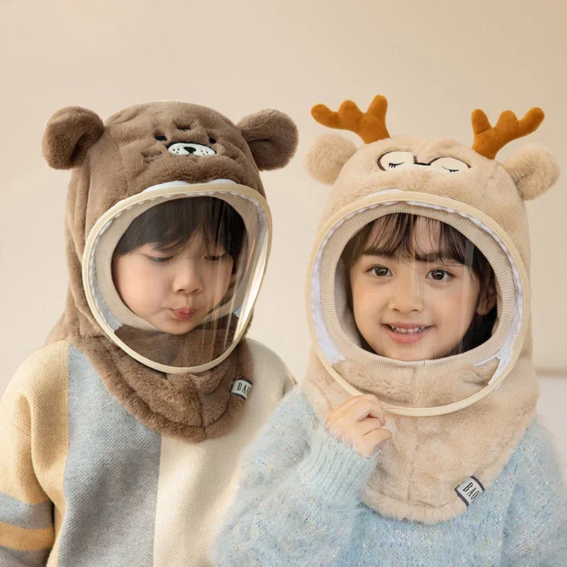 New Winter Kids Hats With High Definition Face Mask Cute Warm Plush Wind Proof Face Neck Protection Shawl Beanie Detachable Set