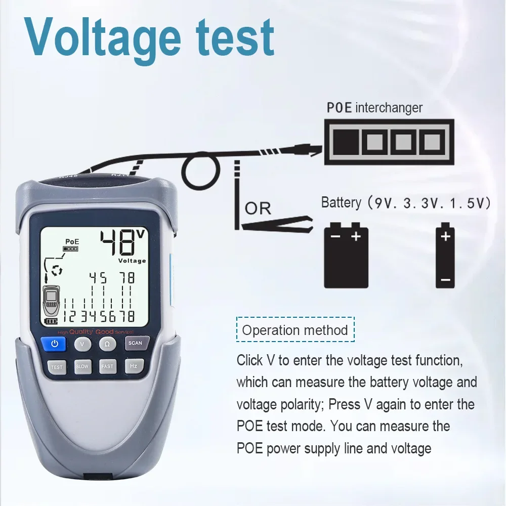 ET612/ET613 Equipped with LCD live line finder, capable of measuring POE, capable of measuring battery voltage, POE voltage