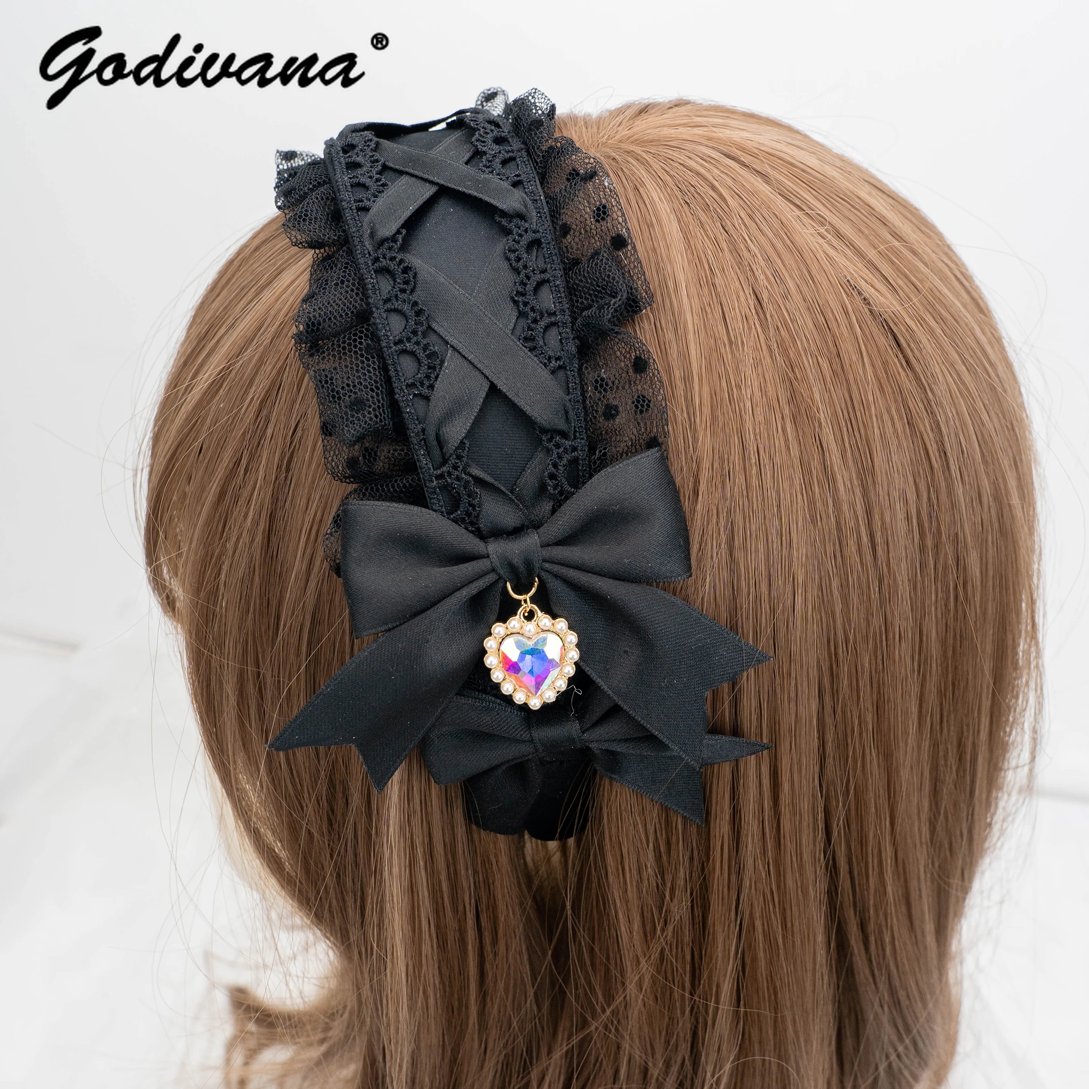 Lolita Hairband Lace Bow Heart New Headwear Shape Rhinestone Pendant Headband Mine Tie Mass-Produced Hair Accessories for Women