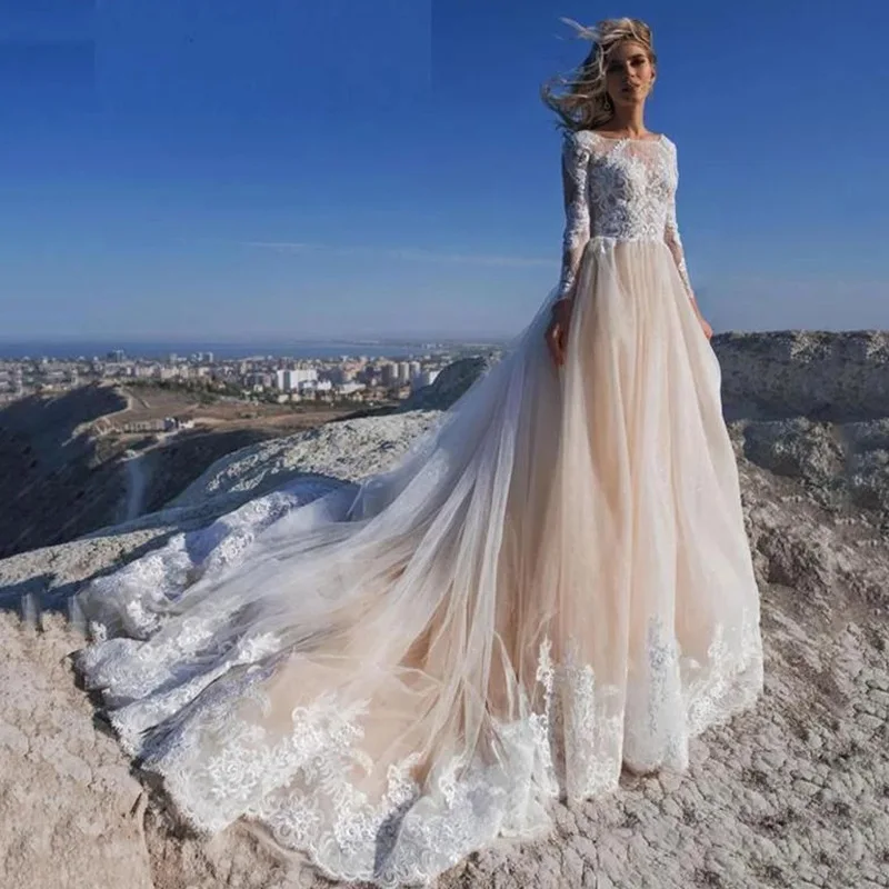 Long Sleeves Appliques Vestido De Noiva V-Waist Wedding Dresses Becautiful Sweetheart Vestidos De Novia Lace Robe De Mariée