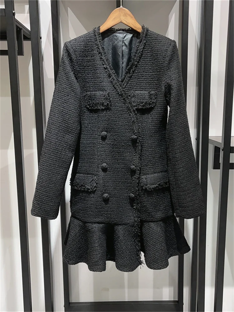 Minivestido-de-Tweed-de-manga-larga-para-mujer-vestidos-de-doble ...