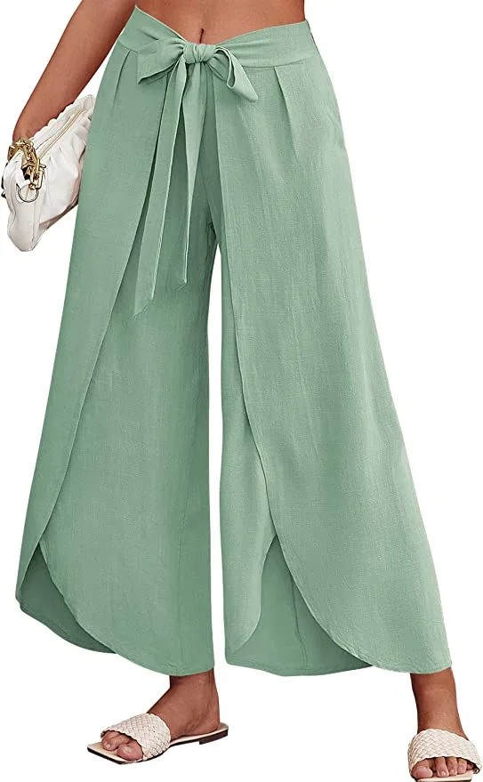 New Women's Bohemian Slit Wide Leg Belt High-waisted Trousers