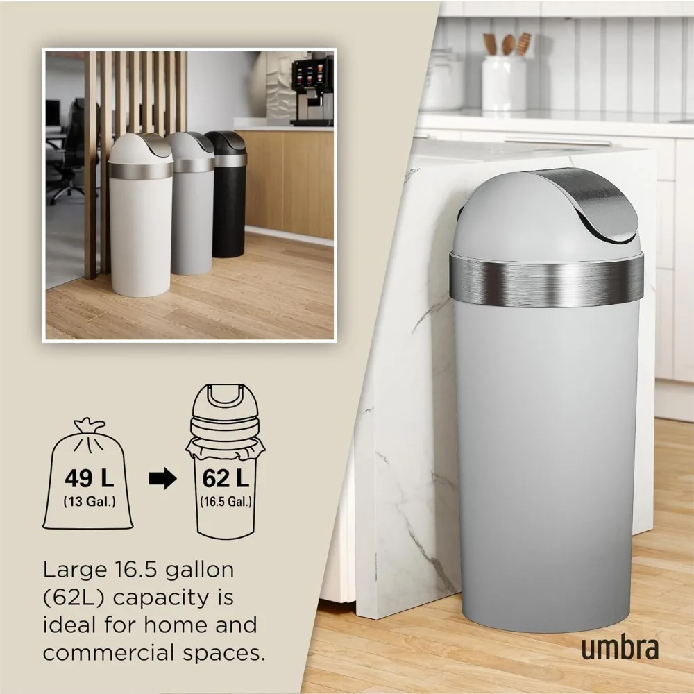 Venti Kitchen Trash Can with Swing Top Lid, Large 16-Gallon (62 L) Capacity, Grey