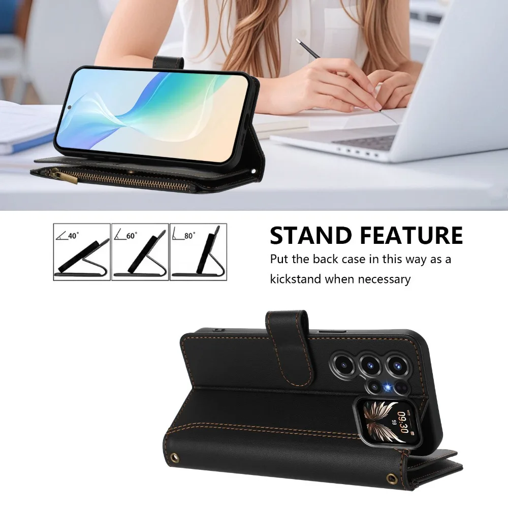 9-Card Zipper Leather Flip Crossbody Wallet Case