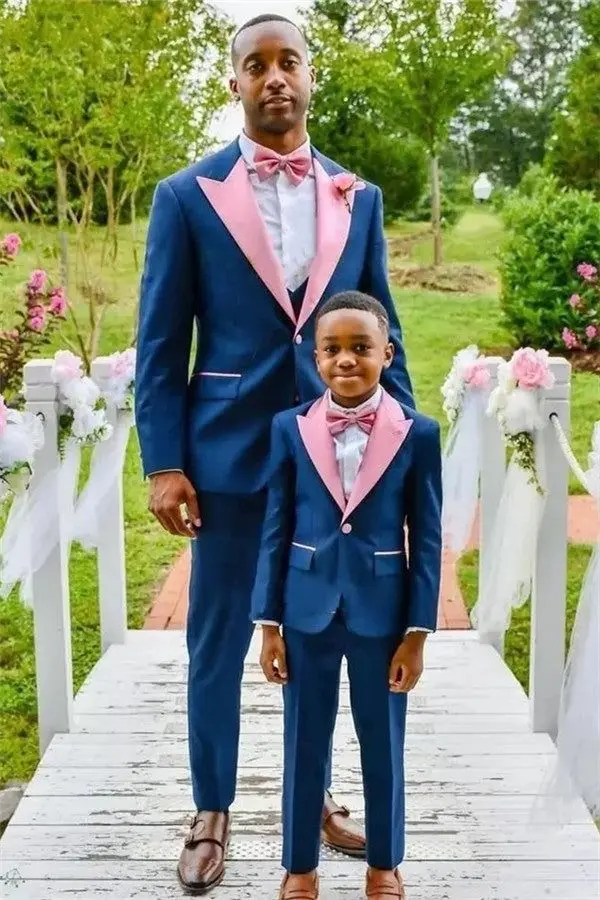 

Royal Blue Prom Suit with Pink Lapel Tuxedos For Father and Son 3 Piece Slim Fit Wedding Groom 2 Sets Dinner Party Dress Custom