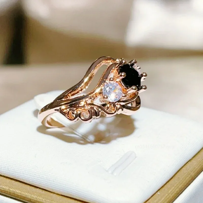 Engagement Rings Stone Rings Fashion Rings Gold Rings Wedding Rings Fashion Ring Finger Rings Metal Rings Creative Witch Ring Unique Black Stone Prong Setting Twist Band Design Rose Gold Color Women Engagement Finger Rings