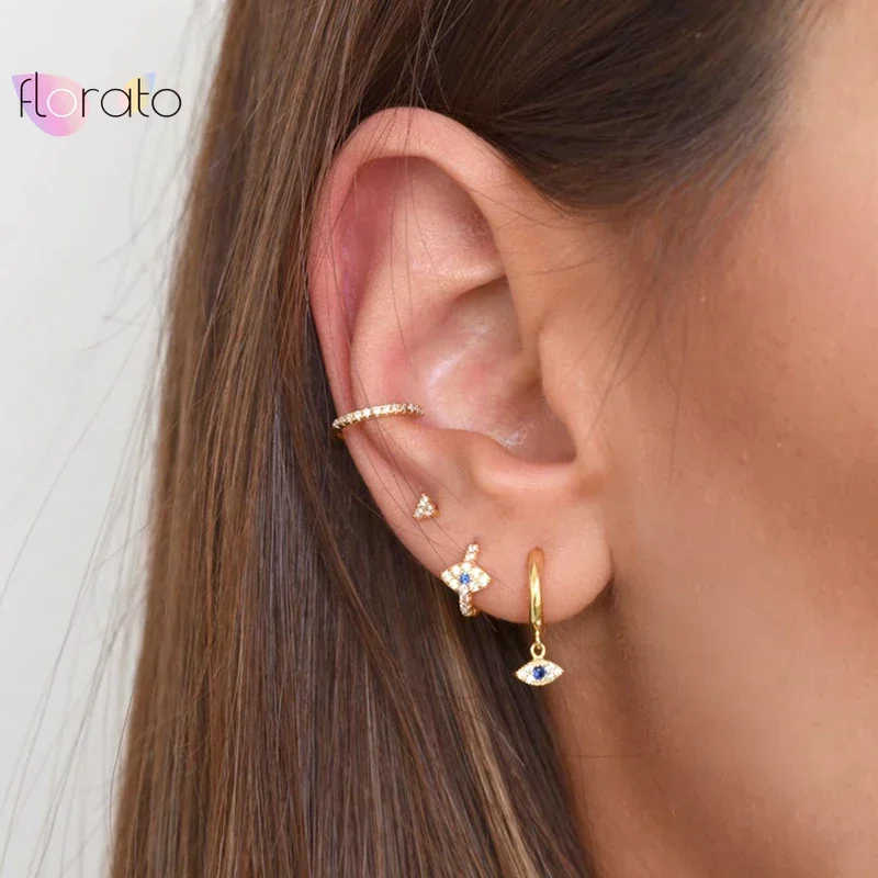 925 Sterling Silver Needle Blue Zircon Evil Eyes Hoop Earrings for Women Charm Pave Crystal Gold Earrings Weekend Party Jewelry silver earrings,silver hoop earrings,silver needle earrings
