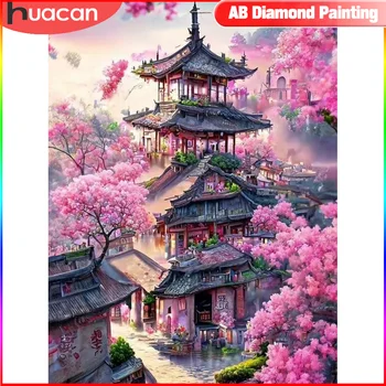 HUACAN Diamond Painting Cross Stitch Kits Chinese Style Landscape 5D DIY Mosaic Temple Flower Tree Home Decorative New Arrivals 1
