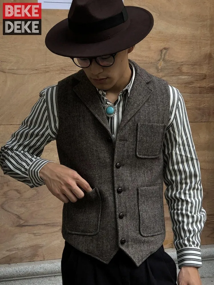 

Vintage Business Men Single Breasted Lapel Collar Multi Pockets Woolen Vest Sleeveless Jacket Spring Autumn Waistcoat Work Vests