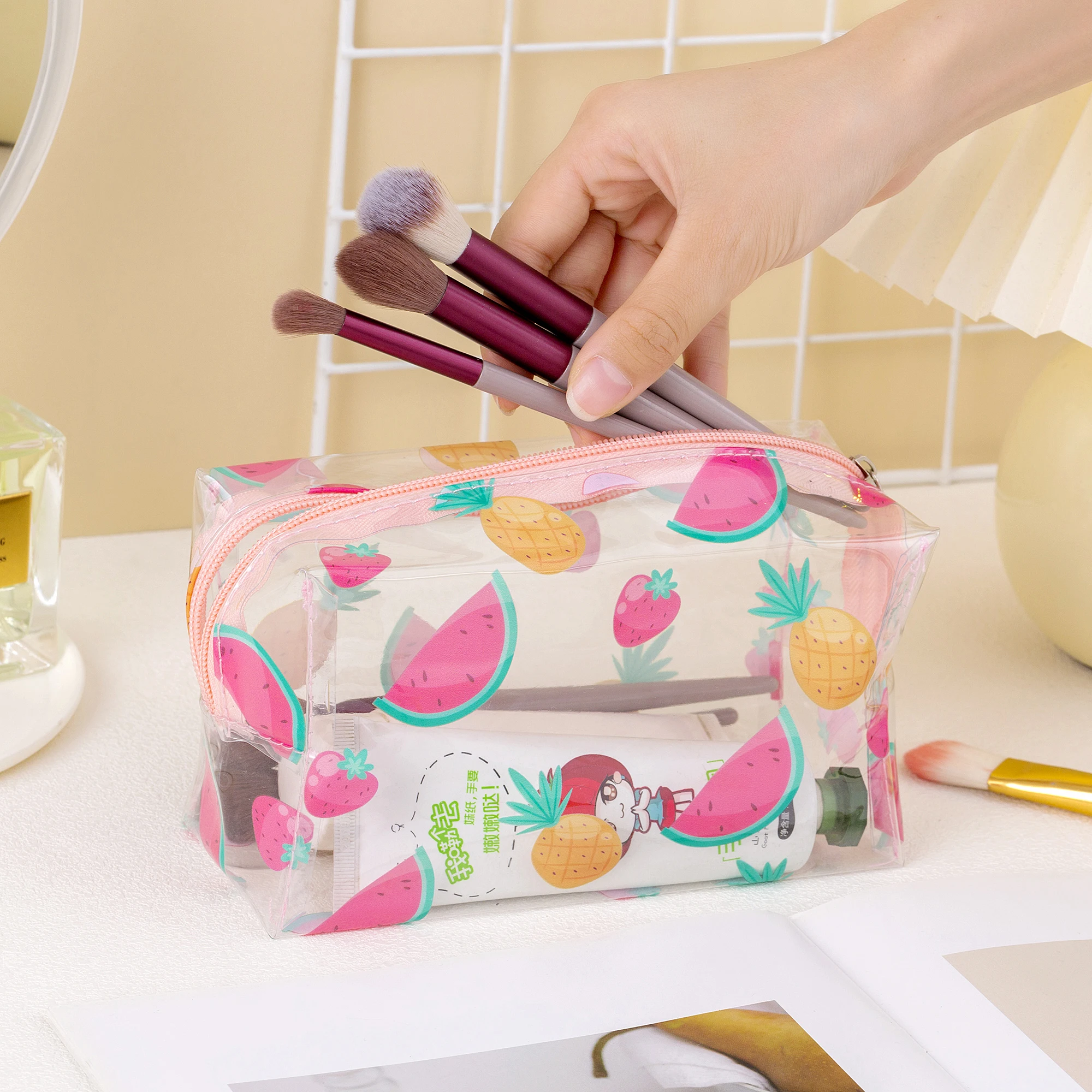 Women Girls Cute Transparent Clear PVC Watermelon Strawberry Fruits Lips Full Printed Summer Cosmetic Makeup Bag Cosmetic Zipper 5
