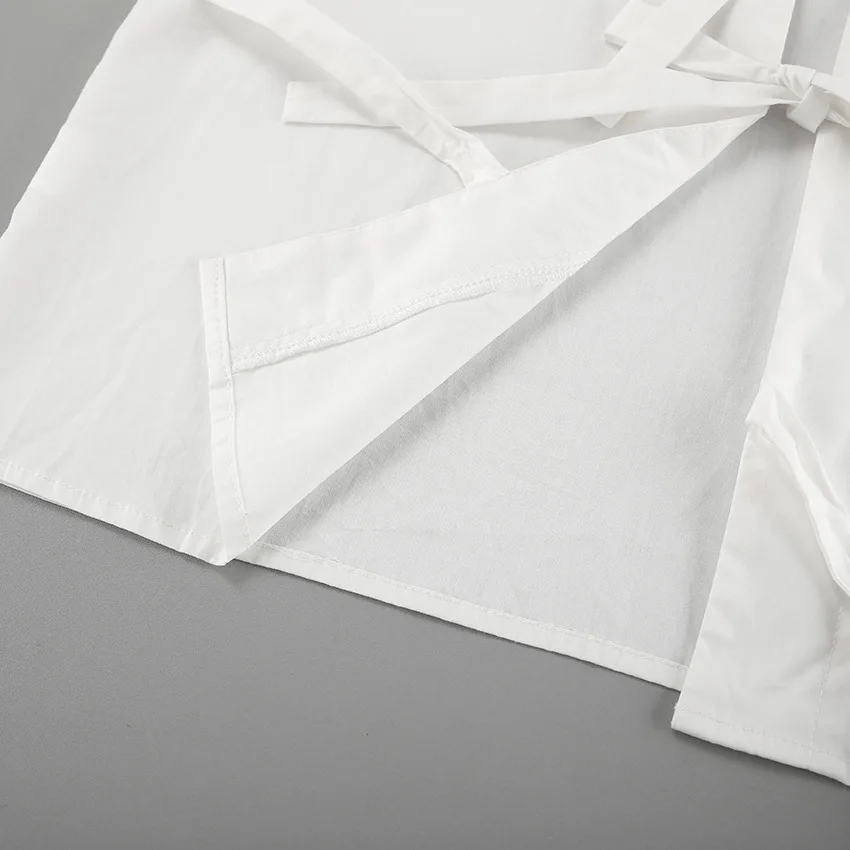 Blusa de gasa con cordones y aberturas para mujer, blusa de manga larga con solapa y parches, estilo vendaje, ropa de abrigo blanca para mujer