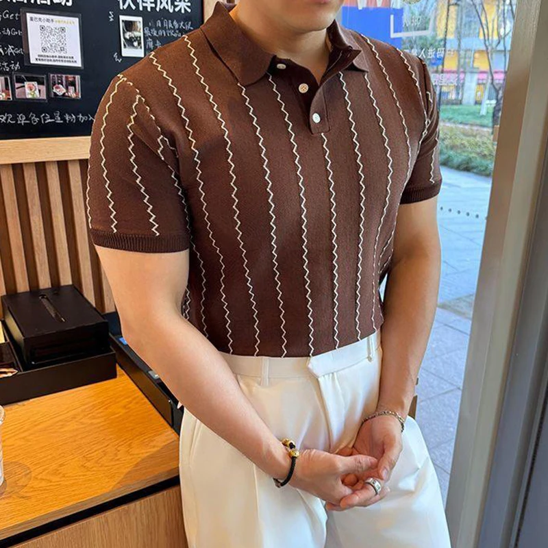 2025 Spring Summer New Casual Mens Polo Shirt Vintage Striped Crochet Buttoned Polo Neck Knit Tops Men Fashion Slim Fit Polos 15 S8d19f729641643f5ae38ac67091c7a1bR