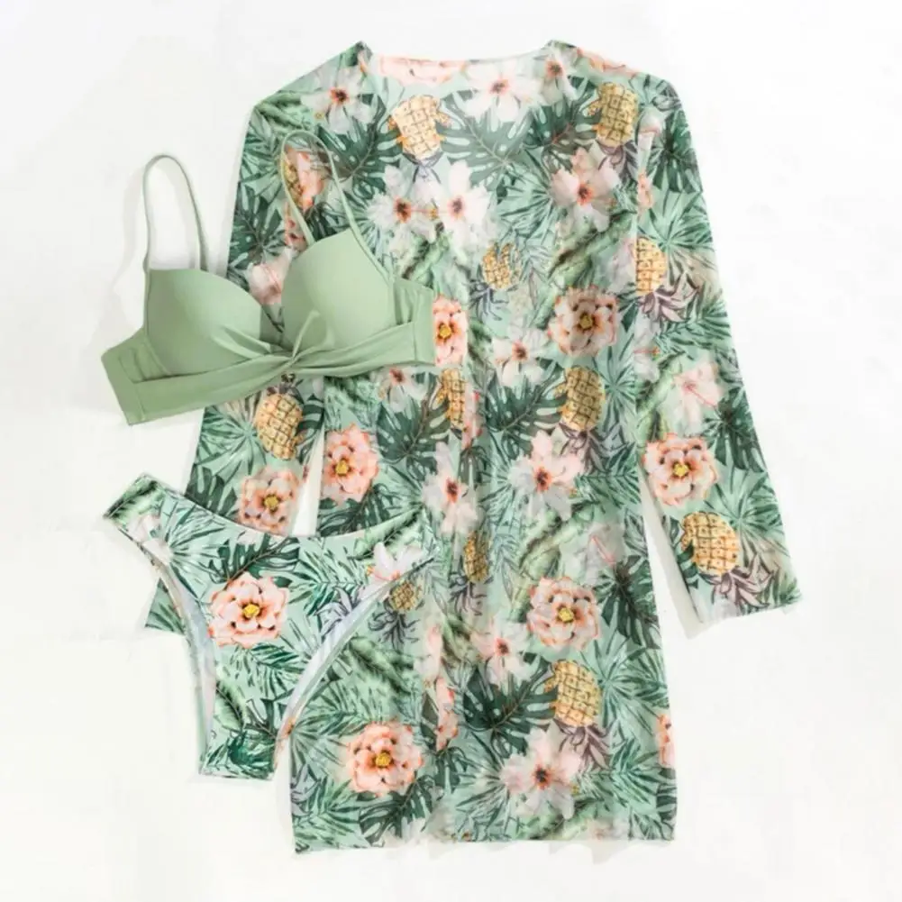 Swimsuit Set Floral Print Bikini Set with High Waist Briefs Cover-up Women's Summer Beachwear Bathing Suit Push Up for Women