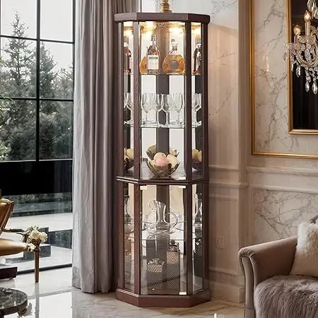 ארון פינתי, 70"H ארון תצוגה מזוגג עם מדף מתכוונן, דלתות זכוכית מחוזקות, כולל נורה