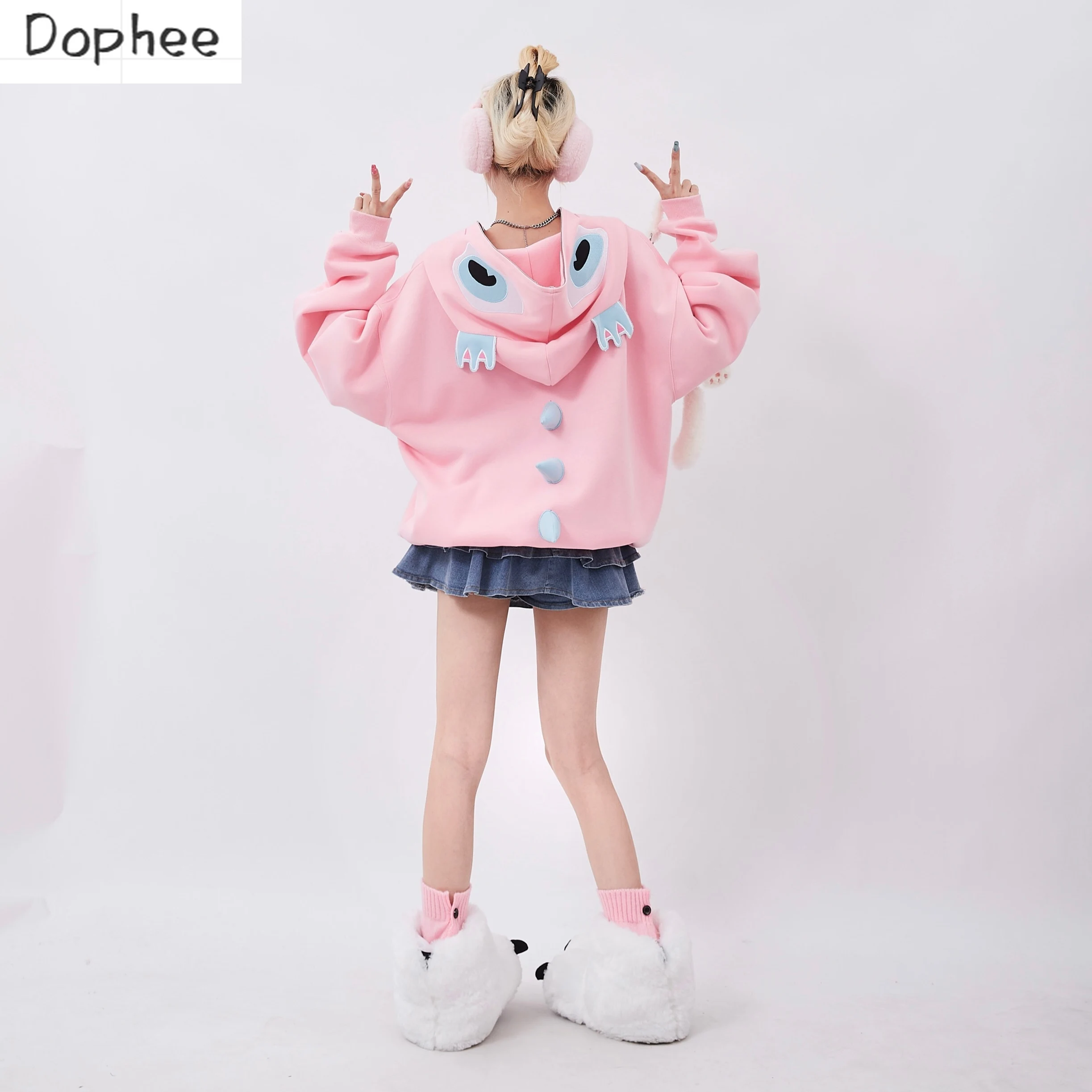 

Dophee Dinosaur Hooded Sweatshirts 2023 New Autumn Dopamine Pink Zip Cardigans Coat Flocking Letters Casual Women's Hoodies