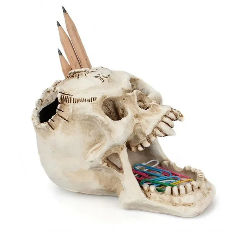 Creative Skull Pen Holder Resin Craft Desktop Accessories Storage Box Container Sculpture Pencil Home Decoration Pens Organizer