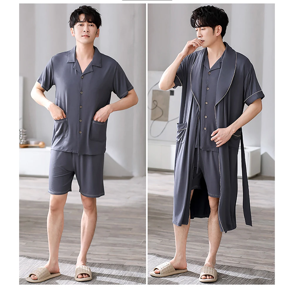 Spring Summer Modal Men 3pcs Solid Pajamas Set Big Size 4XL Man Long Bathrobe Short Sleeve Sleepwear+Elastic Shorts+Pajama Pants