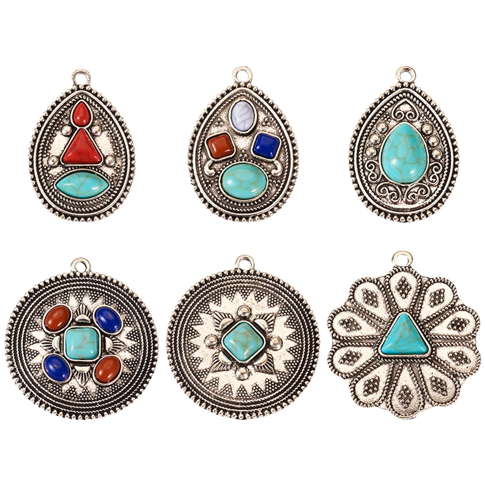 

24Pcs Geometric Flower Bohemian Style Antique Silver Color Alloy Charms DIY Jewelry Making Necklace Earrings Accessories