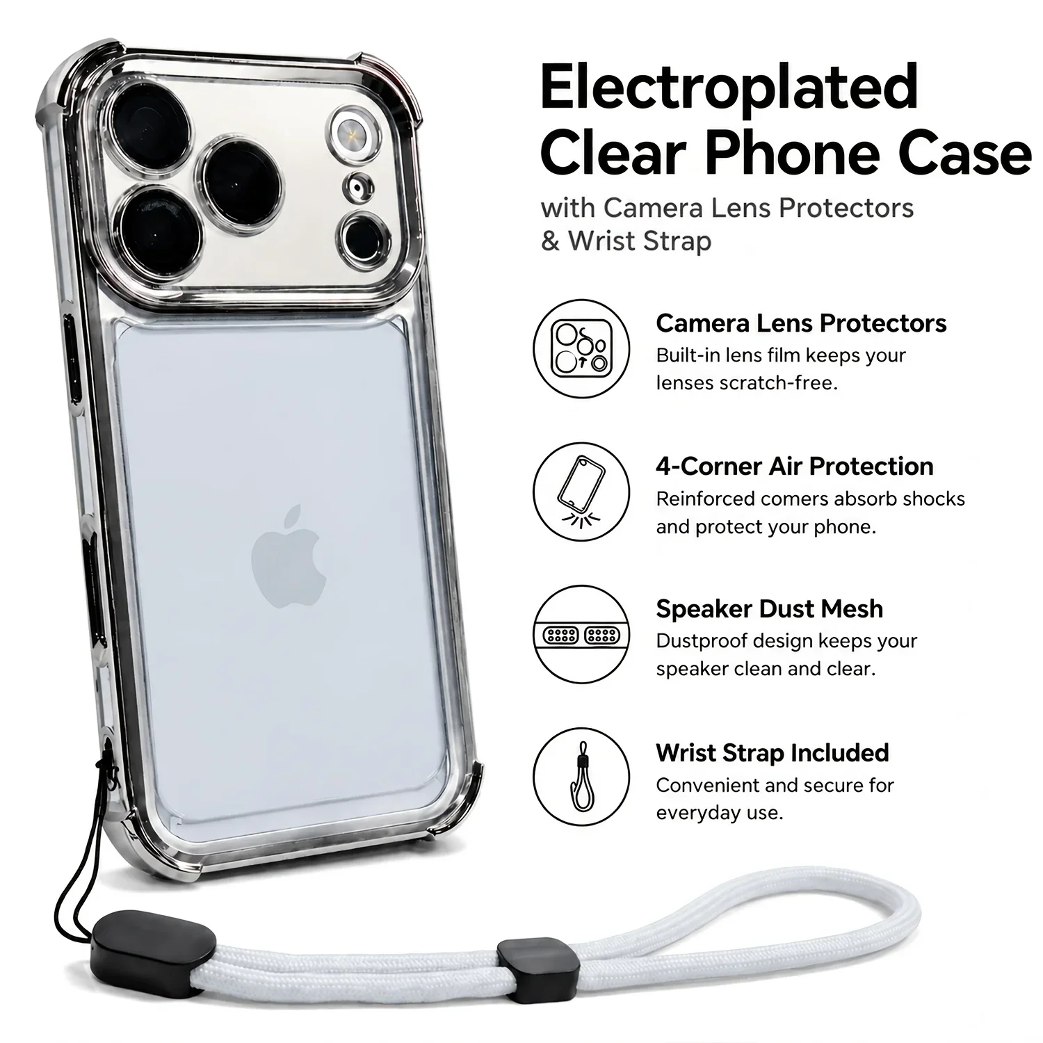 Sleek Transparent Shockproof Phone Case with Wrist Strap Cover