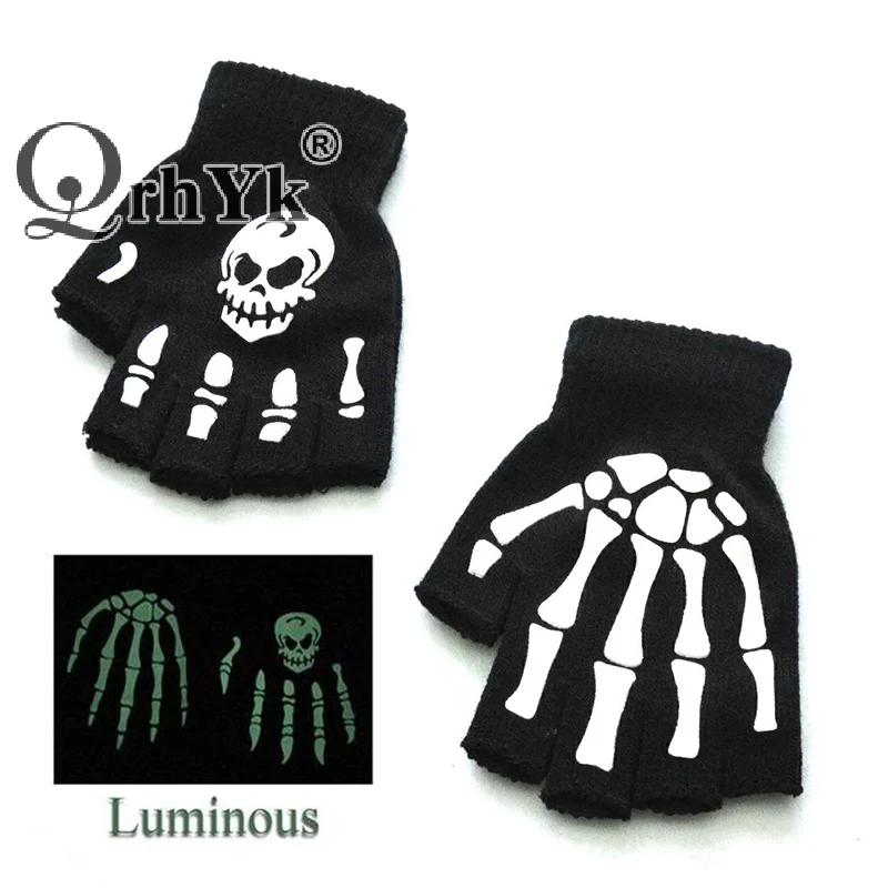 Warm Gloves Half Finger Gloves Fashion Halloween Style Gloves Luminous Horror Skull Bone Skeleton Half Gloves Novelty Unisex Mittens Winter Warmer