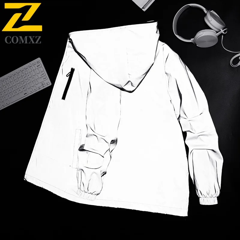 EIAO Men's Reflective Hooded Windbreaker Waterproof  Zip-Up Outdoor Coat for Hiking Camping Fishing Trendy Streetwear Jackets